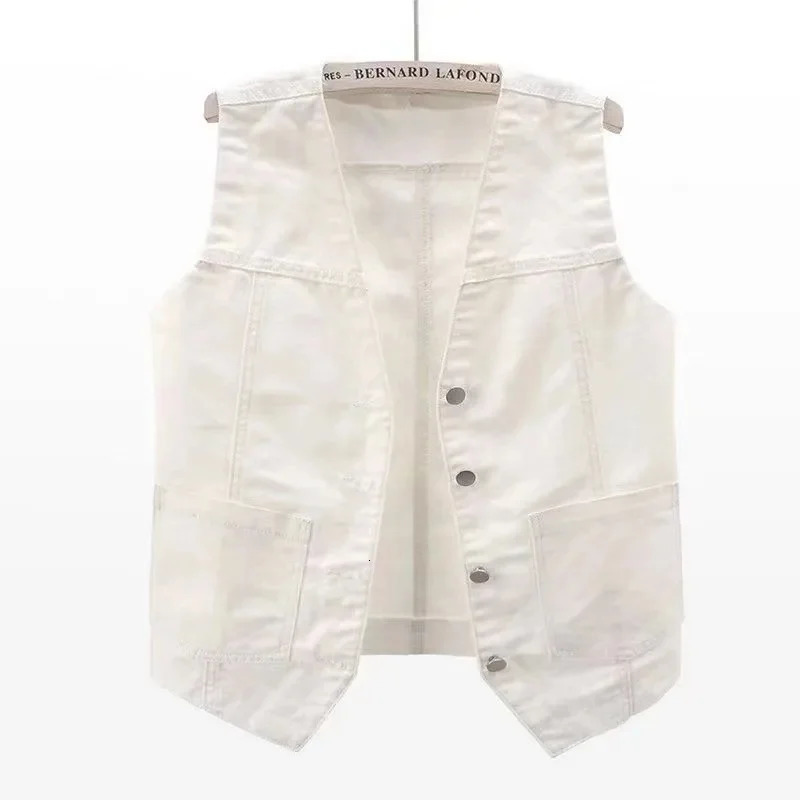 Spring Summer Fashion V-Neck Denim Vest Women Short Sleeveless Jacket Casual Single-Breasted Jean Waistcoat Female T382 250320