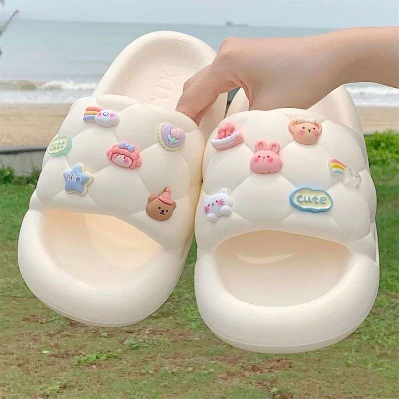 2025 Summer New Cute Animal Decoration Thick Bottom Single Strap Women's Designer Fashion Slippers Slide Bathroom Outdoor Beach Indoor Sandals Su