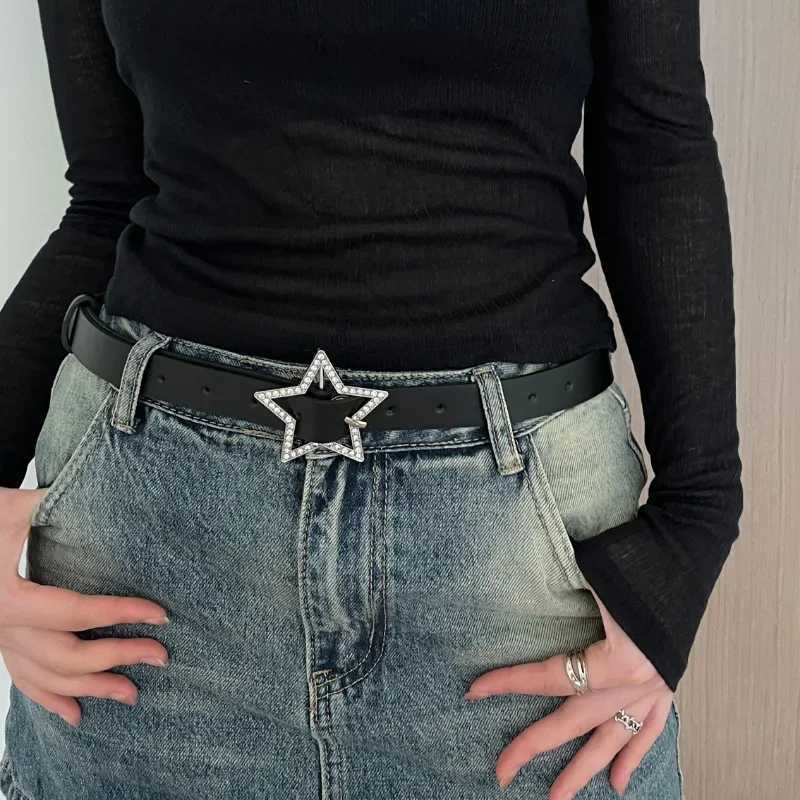 Y2K Womens Spicy Girl with Pink Black White Denim Star PU Leather Rhinestone Belt Ins Sweet Cool Tight Jeans Belt W250326