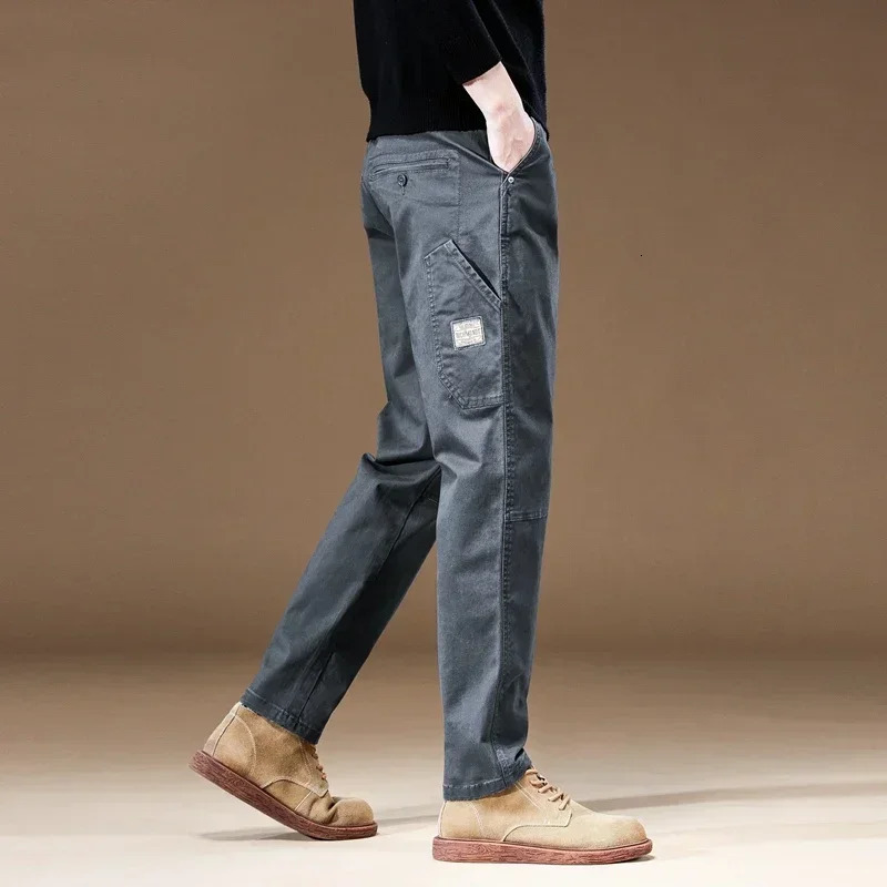 Autumn mens 97 pure cotton jogging cargo pants retro solid color Korean style straight loose casual 250326