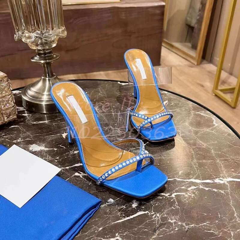 Crystal Straps Thin High Heel Slippers Clear PVC Round Toe Flip-p Stilettos Rome Sandals Women Solid Dress Mules Shoes 2024