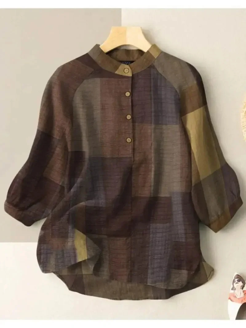 Fashionable summer womens plain weave shirt retro oversized 2024 spring 34 sleeve top casual loose button up Blusa Femme 250326