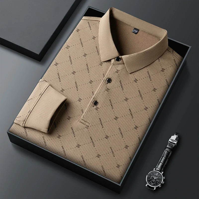mens business casual long sleeved shirt with badge solid color polo fashionable breathable and comfortable lapel top 250326
