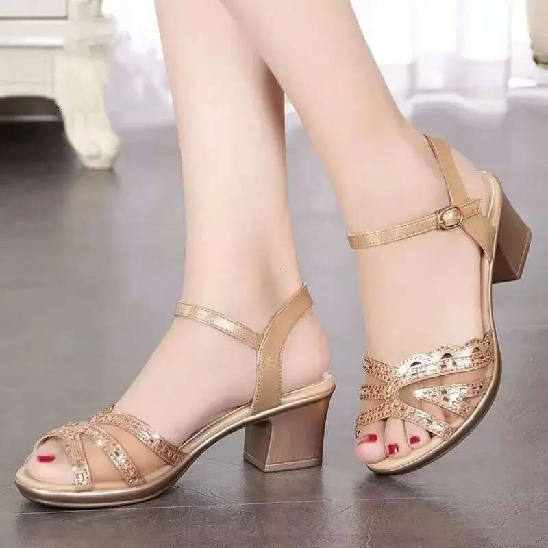 2025 Summer New Open toed Women's Designer Fashion Thick Heel Shoes with Mesh Black Party Buckle Fish Mouth Elegant Sandals