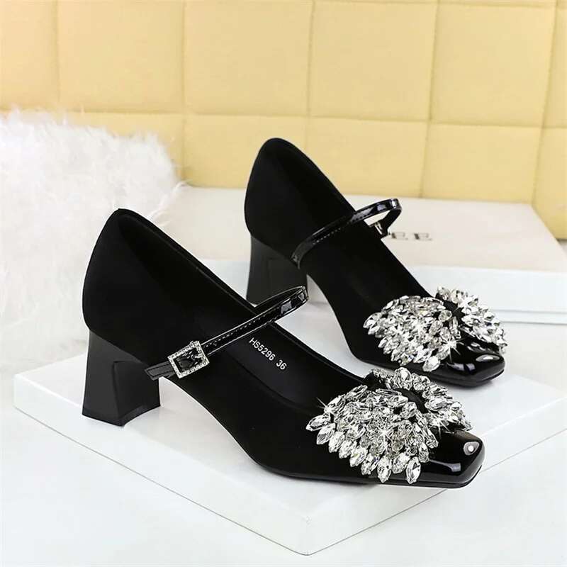 2025 Summer New Bow Tip Buckle Sexy Designer Fashion Slope Heel Shoes Women's Square Toe Solid Color Thick Heel 5