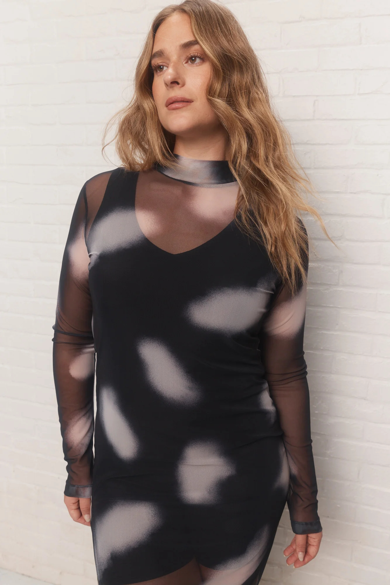 Women's Black Tie-dye Print Sheer Midi Dress Casual Street Style Mesh Fabric Fitted Dress Long Sleeves High Neckline Asymmetrical Side Slit