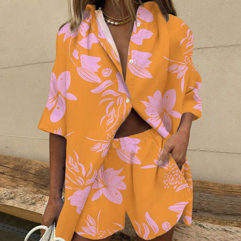 2024 new women's collar short sleeved printed shirt two-piece set of wide leg elastic waist shorts