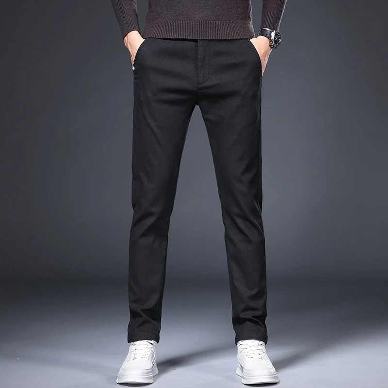 Spring and autumn mens casual pants commercial ultrathin elastic fashion straight leg waist pocket black gray khaki color 250326