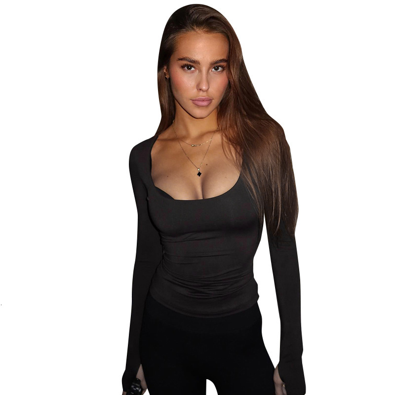 2025S Fashion Designer Y TP Women S Autumn And Winter Sexy Square Collar Set Refers To A Solid Color Waist Slimming Bottom Top T Shirt