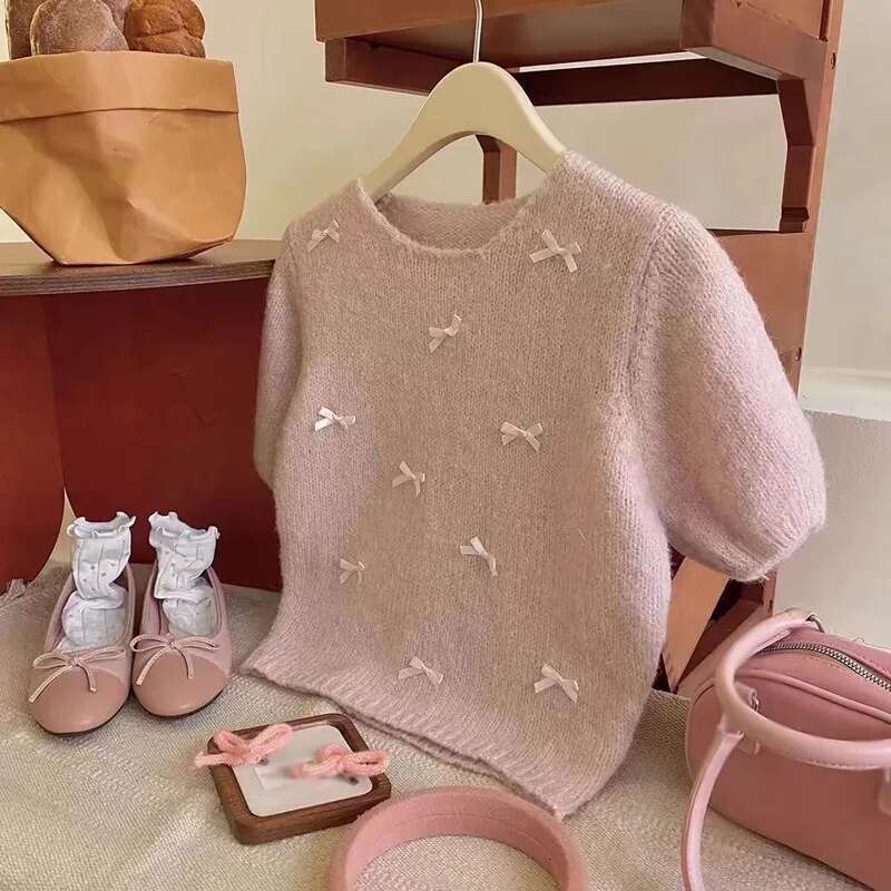 Ddmyshoesvip Sweater Short Sleeve Casual Lady Round Neck Loose Fit Top Women S Knitted Bowknot T Shirt