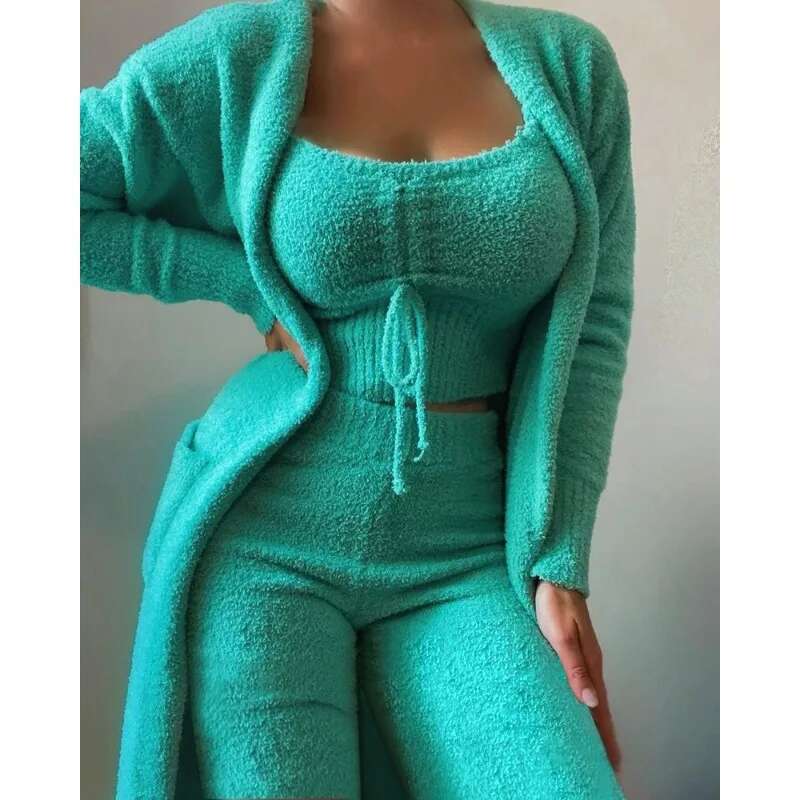 Women 3 Piece Homewear Autumn Winter Teddy Veet Crop Top Cardigan Coat + Pants Suit gerie Set Loungewear Outfits