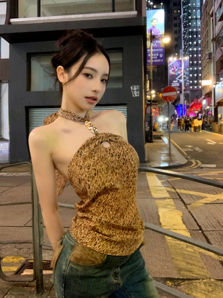 Y2k Aesthetic Hollow Leopard Pattern Sexy Vest for Womens Street Clothing No Back Bandage Vest Harajuku Halter Ultra Thin Suitable for Retro Top 25032