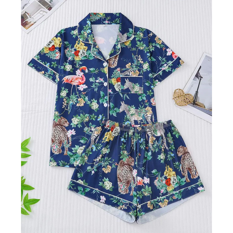 Hot selling flamingo ice silk pajamas set, casual cartoon monkey printed home clothes, loose fit