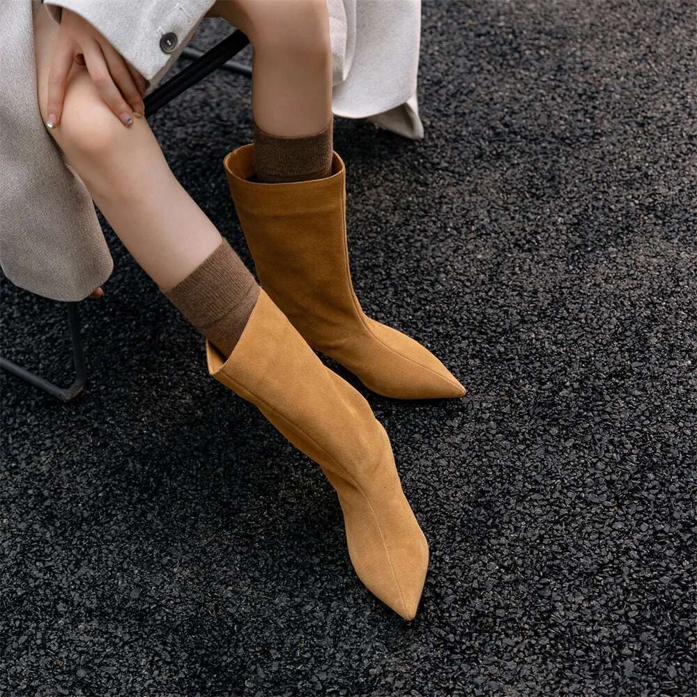 High Heel FEDONAS Sexy Women Pointed Toe Mid Calf Kitten Low Heels Warm Knight Boots Fashion Slip On Party Wedding Shoes Woman
