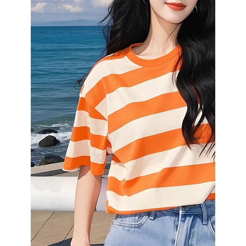 Orange Striped Short-sleeved T-shirt for Womens Summer Korean Fashion Casual Top Chic Sweet Loose Pullovers 250321
