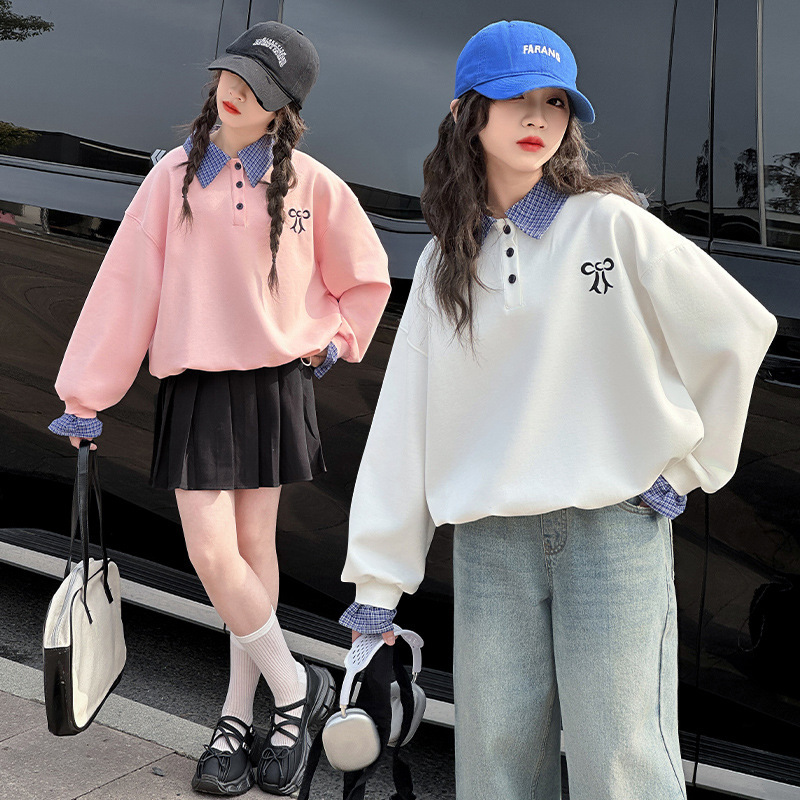 Ddmyshoesvip Children S Clothing Hoodie Spring New Style Children S Western Style Casual Plaid Collar Top Girls Trend