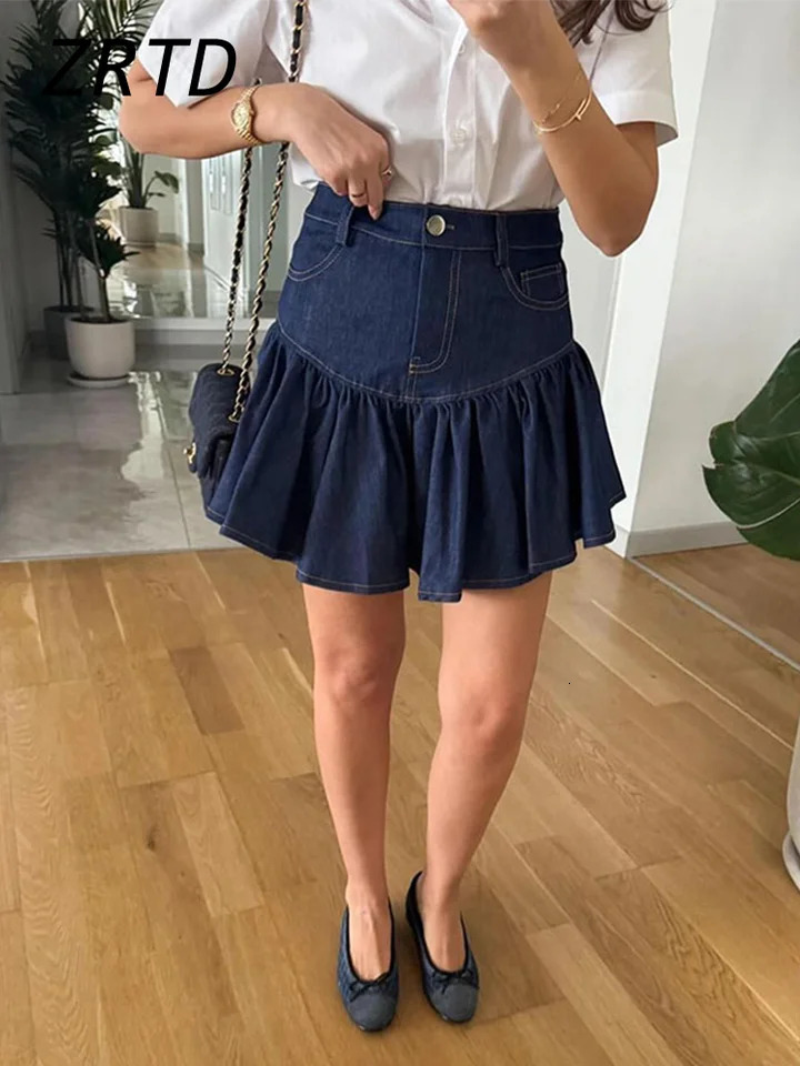 Elegant belt denim jacket ski set crop collar wash jacket pleated mini A-line skiing spring/summer womens streetwear 250321