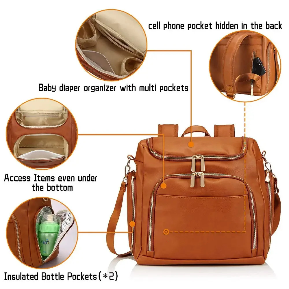 7-in-1 Baby Diaper Bag Solid PU Leather Mummy Maternity Bag Large Capacity Travel Back Pack Stroller Bags with Changing Pad 250325