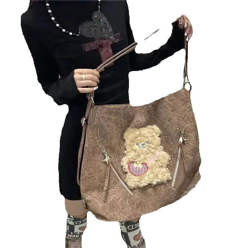 MBTI Y2k Vintage Shoulder For Women Cute Bear Pleated Fashion Casual Backpack Kawaii Original Large Capacity Ladies Tote Bag