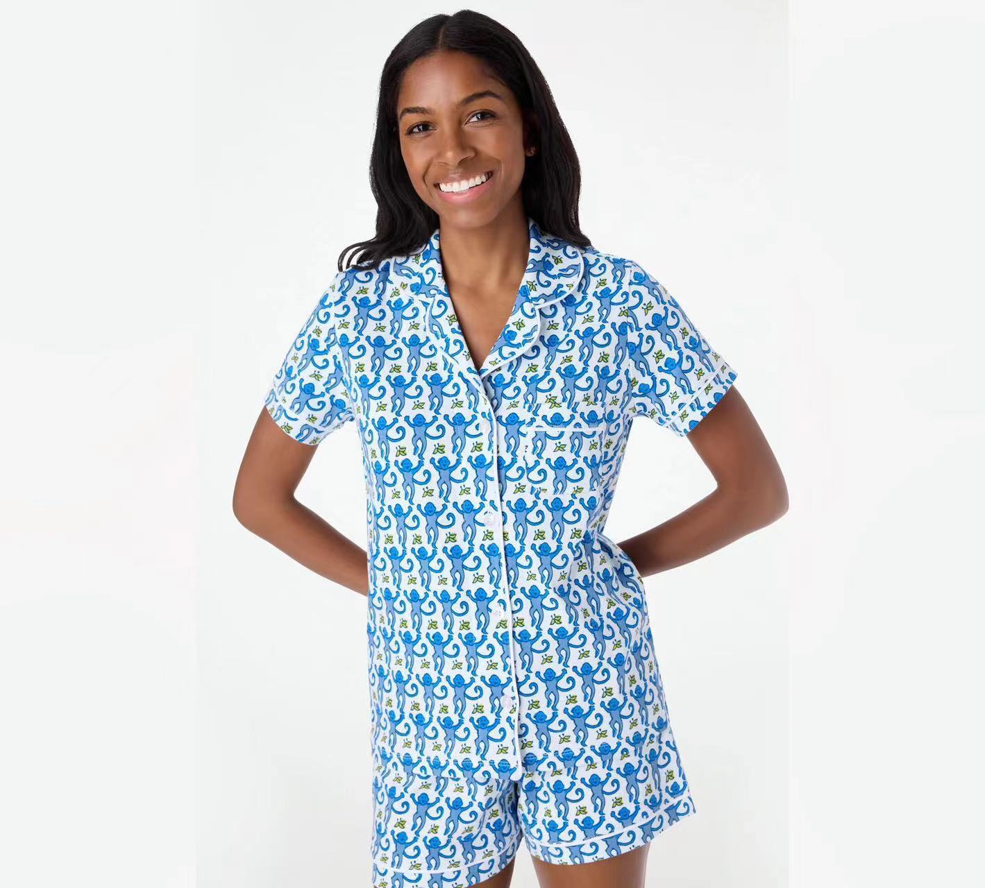 2025 Summer Home Clothes Monkey Printed Polo Casual Set Pajamas for Women