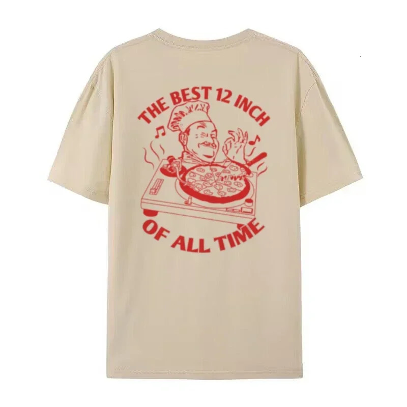 Retro oversized hippie cool pizza vinyl record graphic T-shirt mens street clothing funny food fashion top 250321