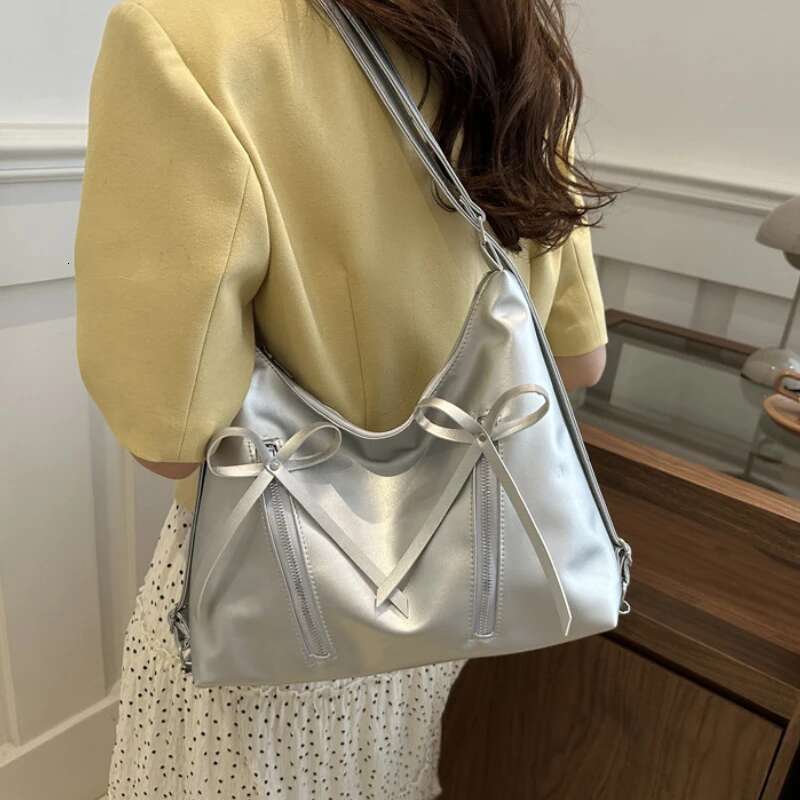 Sier Small Bow Pu Leather Shoulder Bags for Women 2025 Summer Designer Fashion Handbags and Purses Trend Crossbody Bag