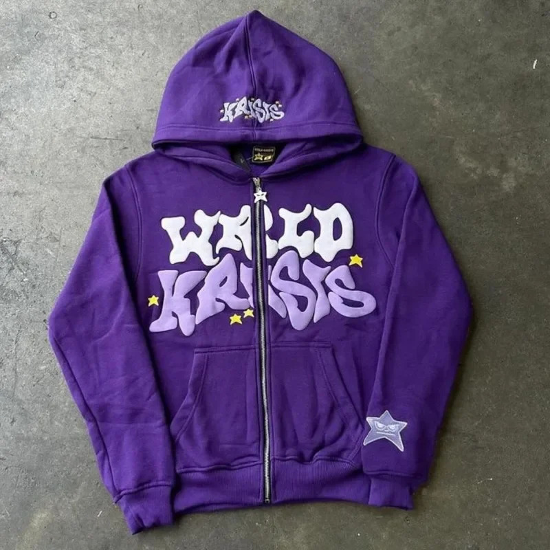 Y2k Street Personality Trendy Zipper Hoodie with Extra Large Letter Star Print Fashion Casual Sports Sweatshirt for Men 250324