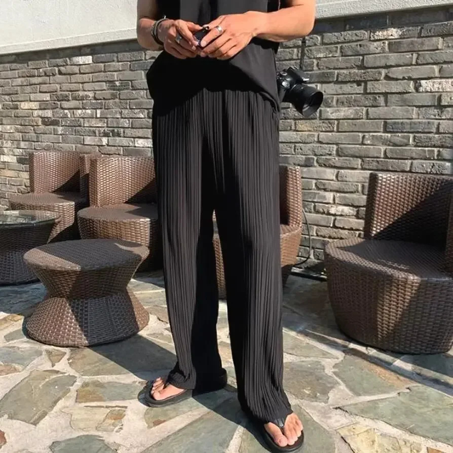 Mens Summer Loose-fit Straight-leg Ice Silk Casual Pants High-end Feel Trendy Draped Nine-point Casual Trousers 250325