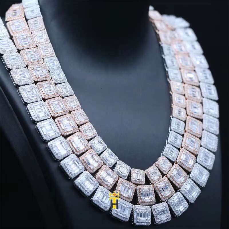Moissanite Diamond Chain 925 Silver Hip Hop Jewelry baguette Chain Iced Out Clustered Tennis Necklace Chain