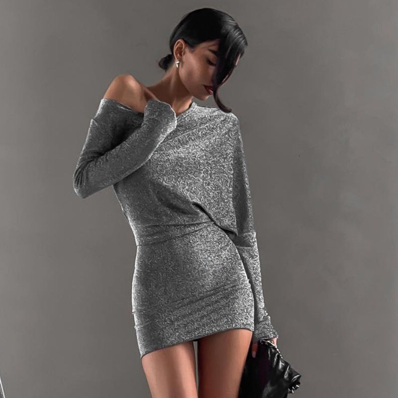 2025S Fashion Designer Q DS Women S With A Sloping Collar Sexy Off Shoulder Sequins Waist Bag And Hip Short Style Dress