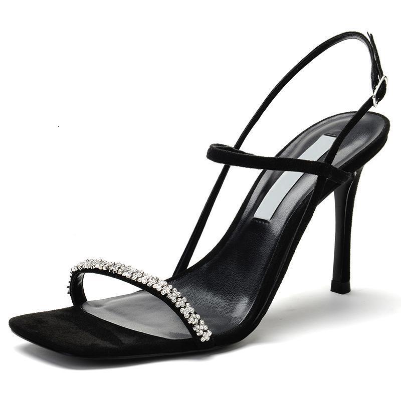 Sandals for women in the summer of 2025, new slim heel square toe women's black rhinestone high heels with a niche design