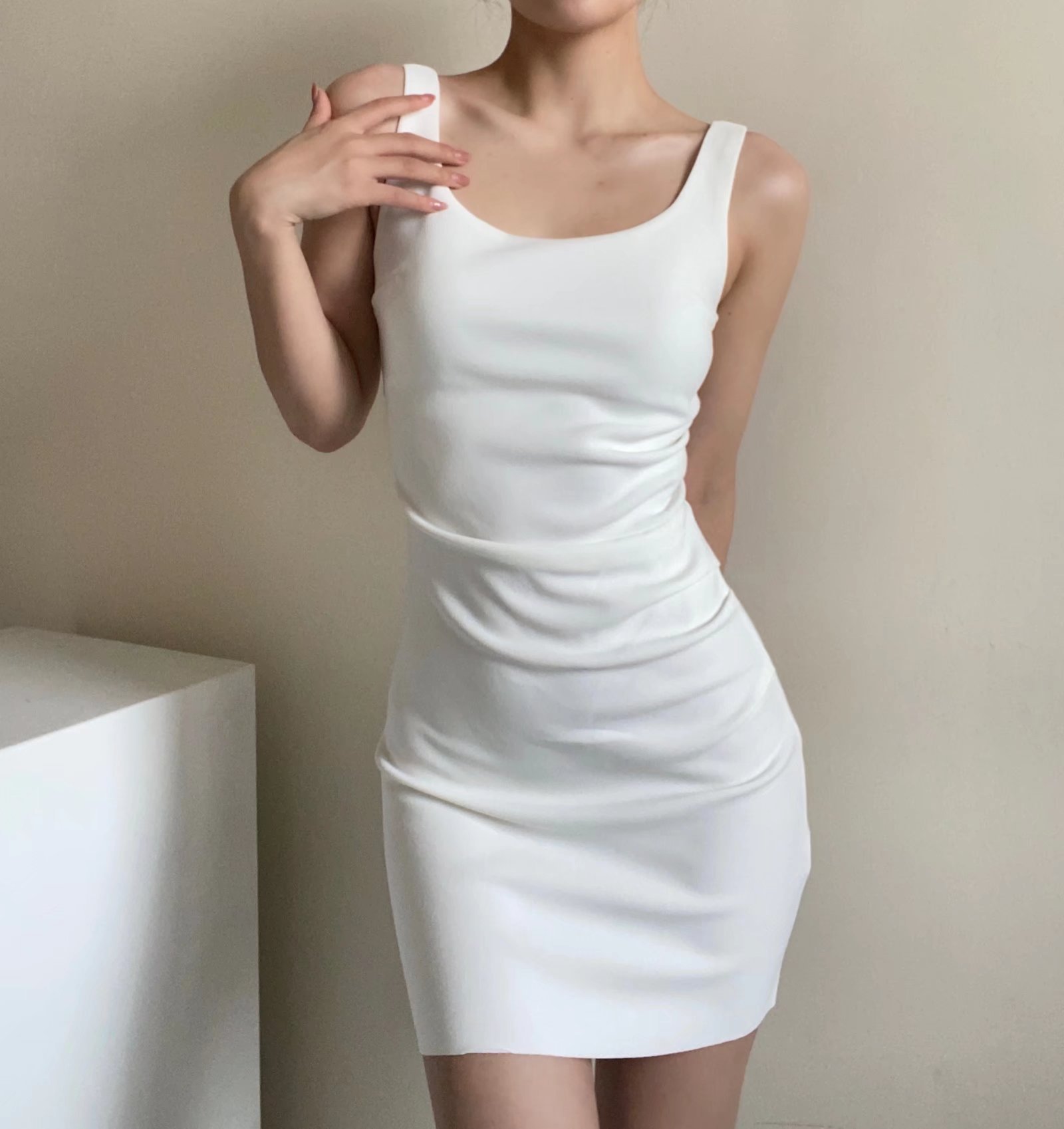 CL3100 master quality same style pleated waist slimming sleeveless dress women's summer square collar slim temperament hip skirt
