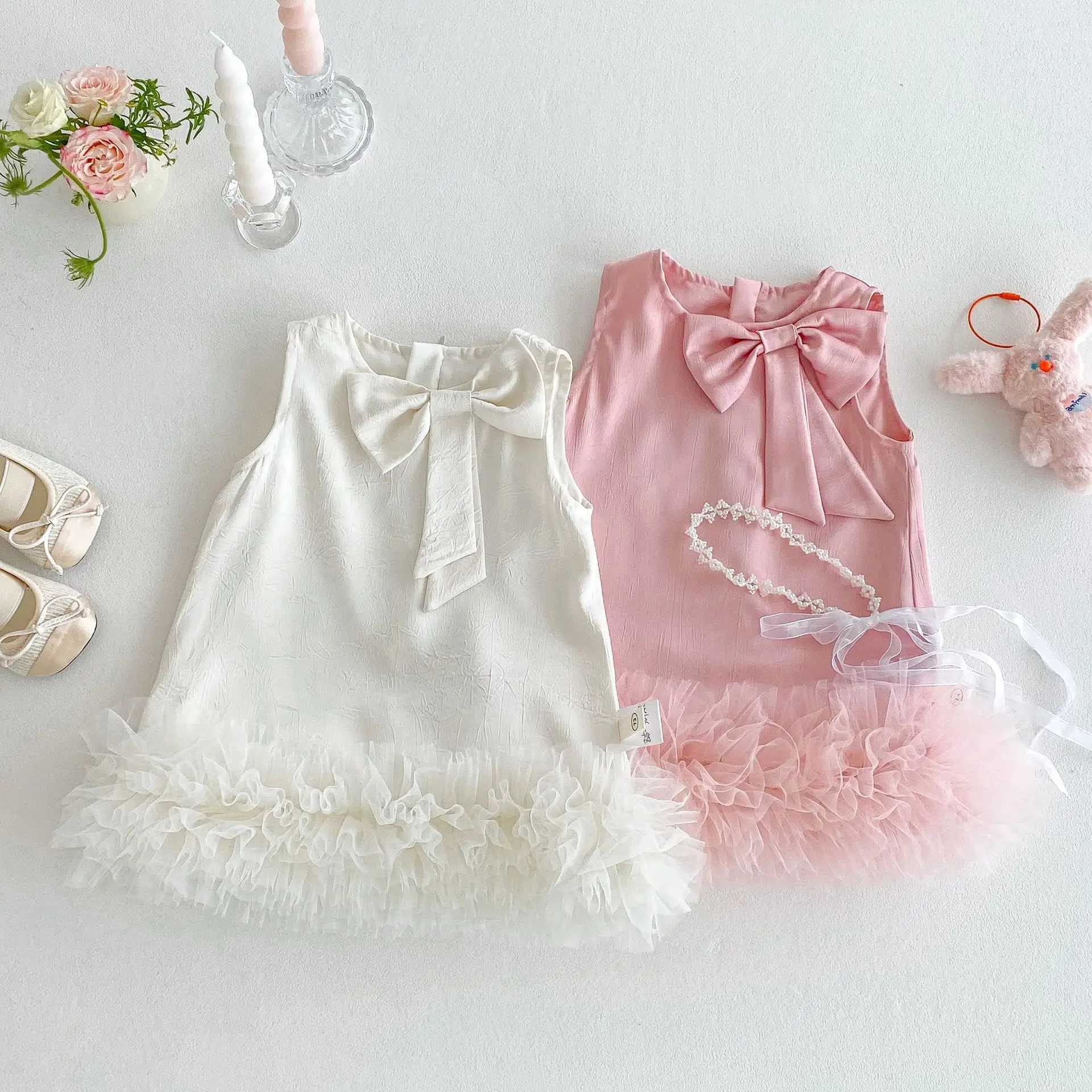 Girls Sleeveless Princess Dress 0-5Y New Summer Girl Baby Solid Color Mesh Dress Fashion Childrens Korean Style Dress W250326