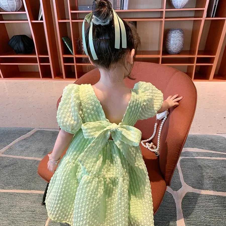 Girls Baby Short Sleeve Dress 2023 New Summer Childrens Open Bow Princess Dress W250326