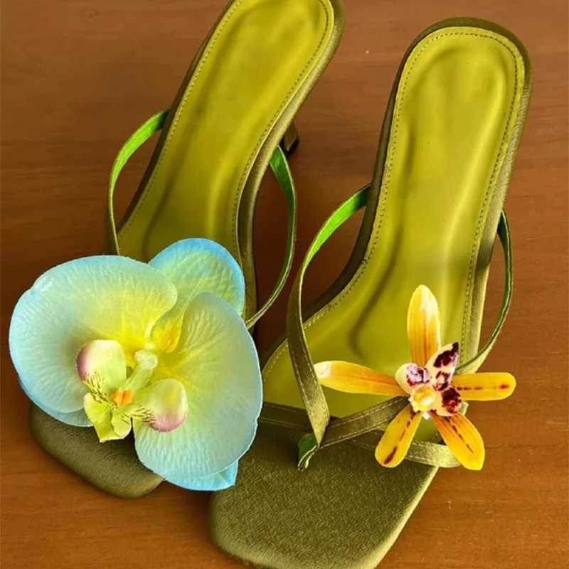 Sweet Flower Design Womens Sandals Green Handmade Asymmetric Satin Leather Fine Grain Semi Smooth High Heels Summer Brand FlipXJ250326