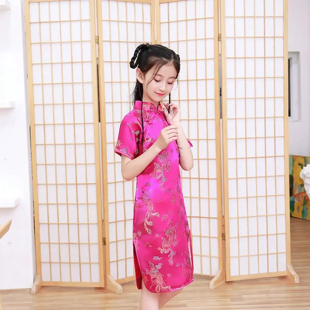 Dragon Phoenix Pattern Niche Autumn Silk Chinese Style Dress Girls Skirt Kids Traditional Dress Qipao Girls Cheongsam 250326