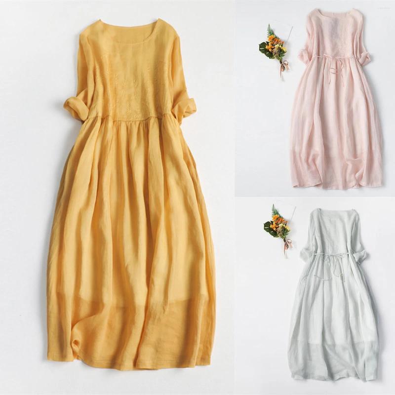 Casual Dresses Yellow Summer Loose Shirt Dress for Women Elegant Versatile Midi Solid Color Tunic Boho Holiday Vestido Mujer
