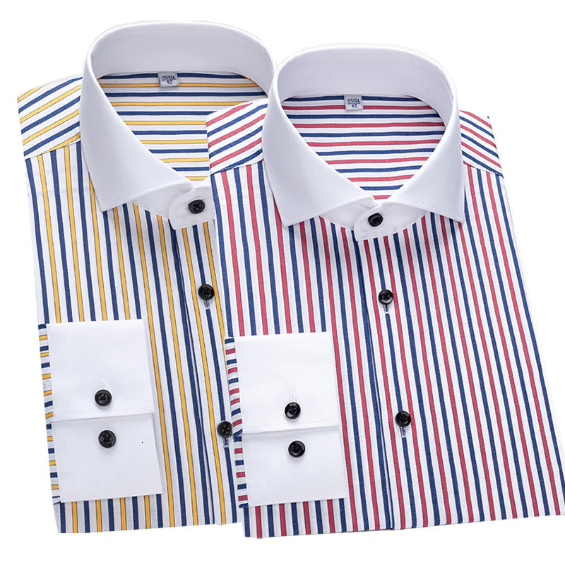 2024 mens long sleeved slim fit striped Windsor collar contrasting color business casual single line shirt 250326