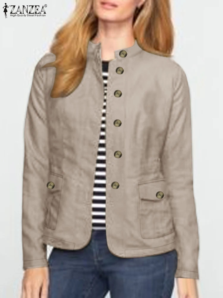 ZANZEA Fashion Long Sleeve Cargo Jackets Women Autumn Stand Collar Button Up Outwear Solid Work Wear Casual Loose Jacket 250321