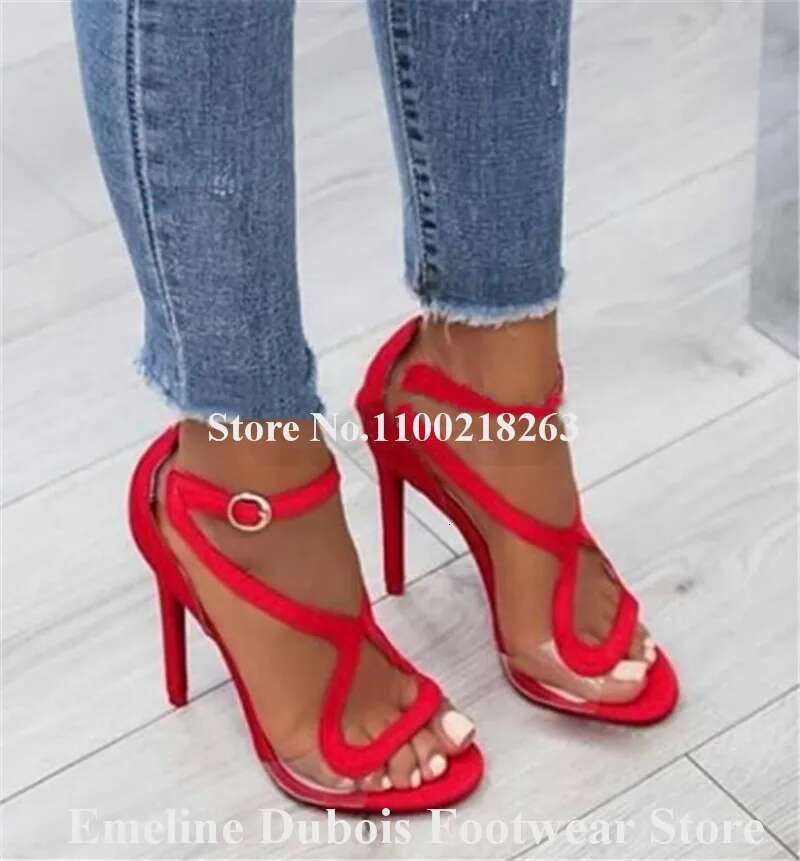 Brand Curved Emee Dubois Open Toe PVC Patchwork Stiletto Heel Gladiator Sandals Ankle Straps High Heels