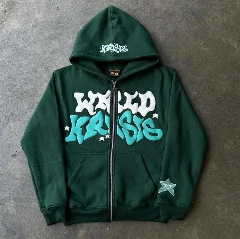 Y2k Street Personality Trendy Zipper Hoodie with Extra Large Letter Star Print Fashion Casual Sports Sweatshirt for Men 250324