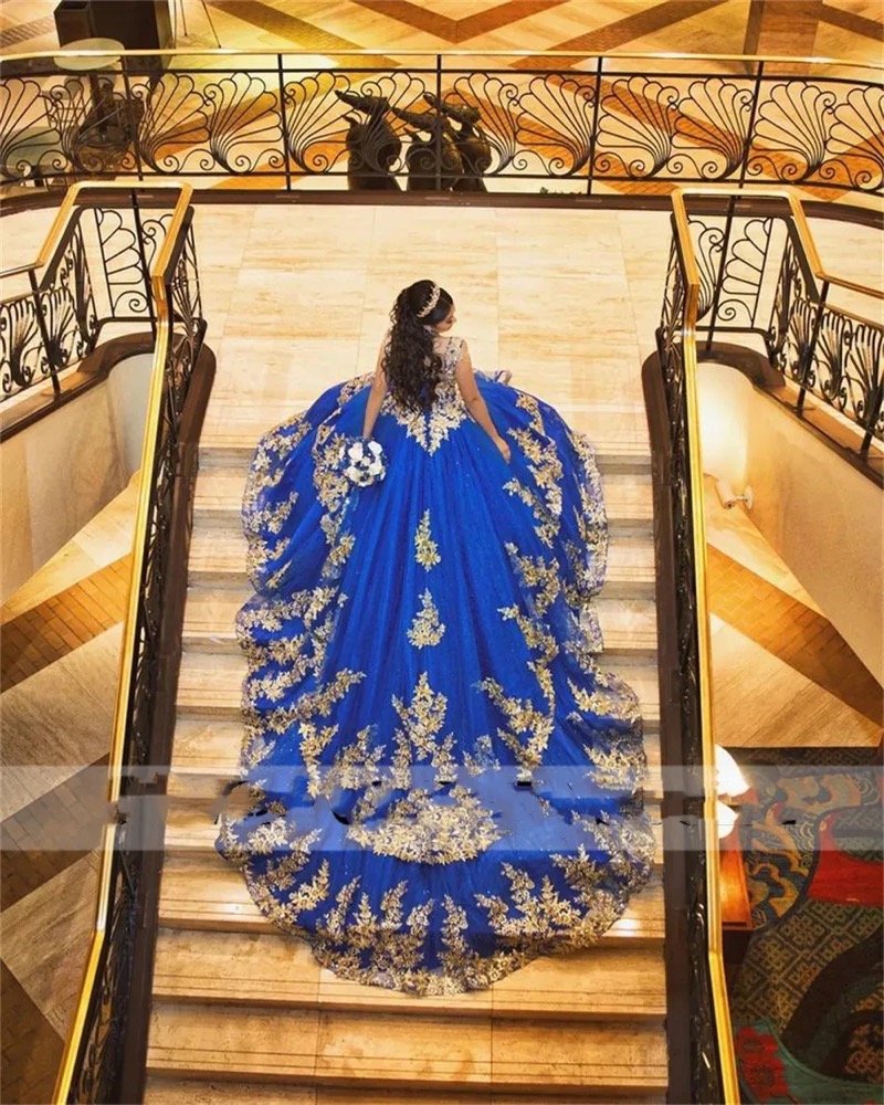 Mexican Royal Blue Quinceanera Dresses Ball Gown Gold Beaded Appliques Sweet 16 Dress Princess Lace Up Vestido De 15 Anos