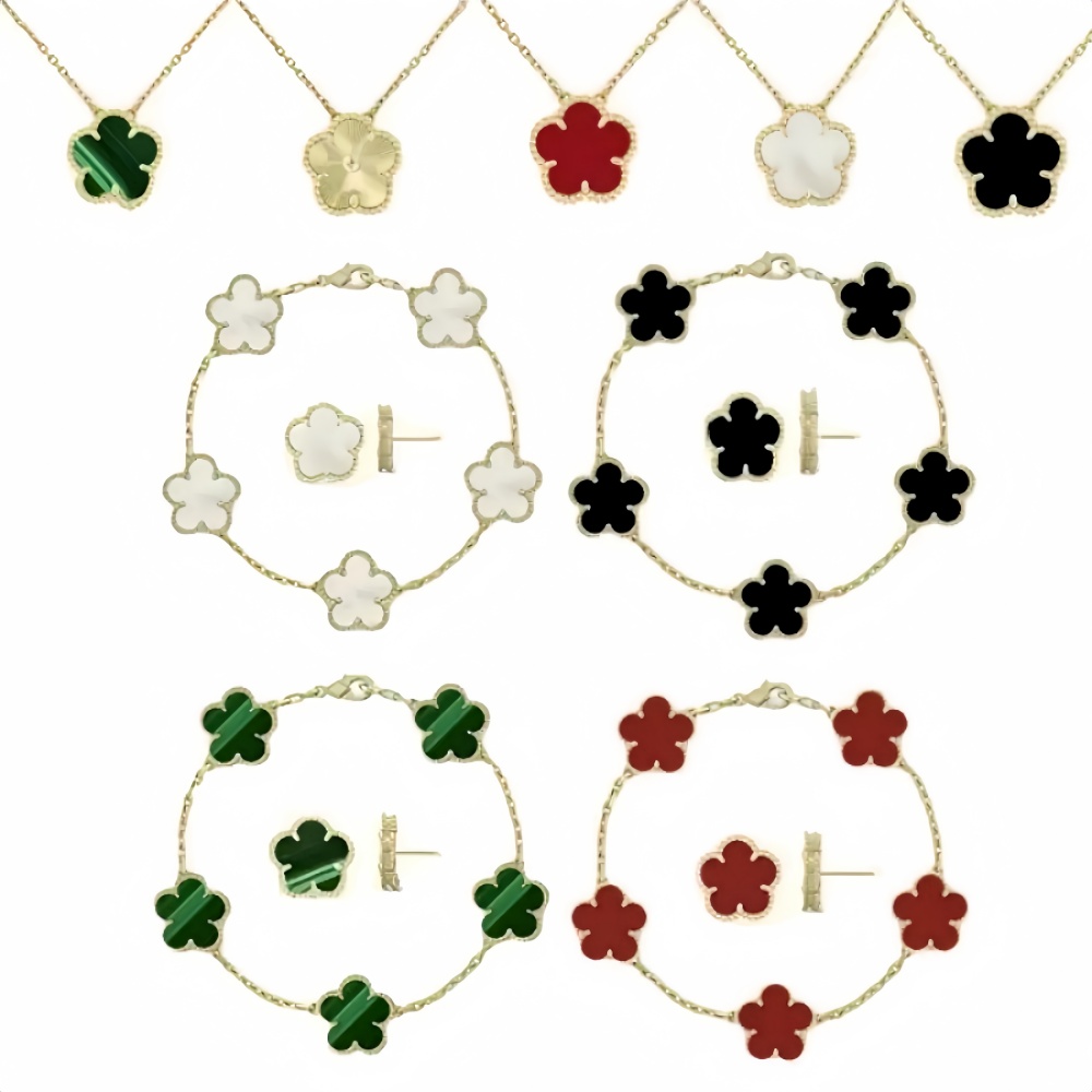 Luxury 4 Four Clover Necklace Luxury Designer Jewelry Set Pendant Necklaces Bracelet Stud Earring Women Christm Valentine's Day Birthday Gift Gold Flower Necklace