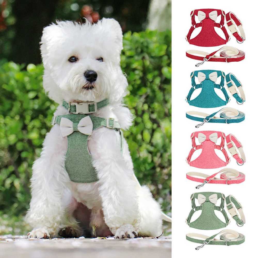 Nylon dog collar seat belt cute bow small dog collar adjustable pet collar vest with lead suitable for small and medium-sized dogs X250326