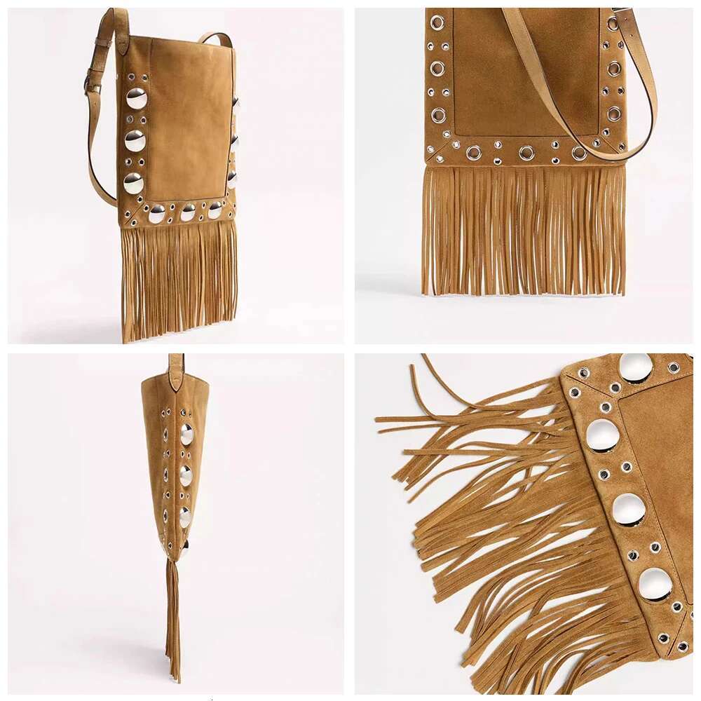 New Handbag Boho Style Niche Design Imitation Deerskin Fleece Postman Rivet Tassel One-Shoulder Crossbody Women's Bag