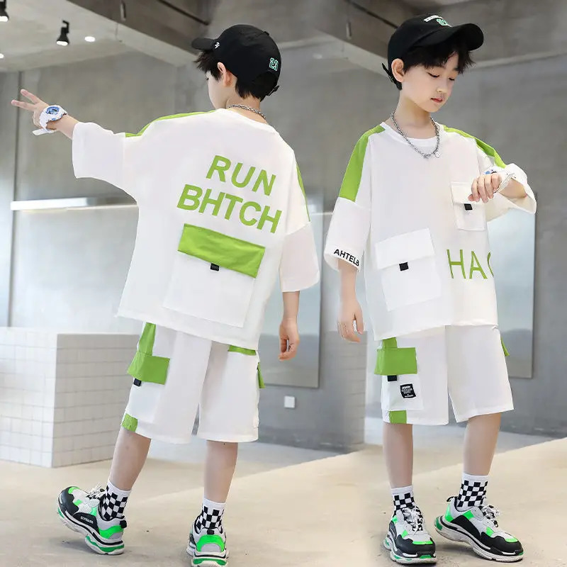 Summer Teenage Boy Short Sleeve Clothes Set Children Letter Print Top and Bottom 2 Pieces Suit Kid T-shirts Shorts Tracksuit 250326