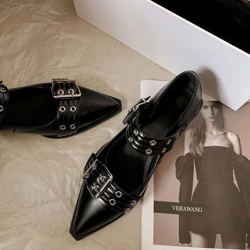 2025 Summer New Women's Genuine Leather Flat Shoes, Large Square Metal Designer Fashion Double Button Shoes, Punk Women's Shoes, Handmade