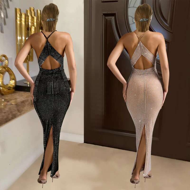 Dongdumaoyi Mode Dameskleding V Kraag Mouwloze Maxi Jurk Met Strass C
