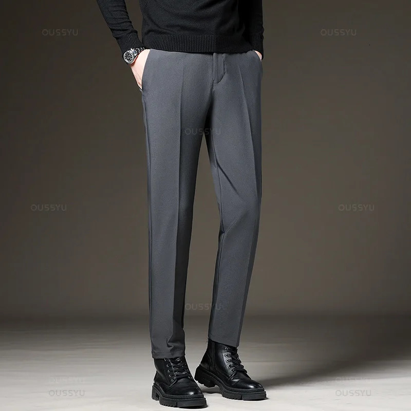 Autumn and Winter Mens Tight Business Pants Elastic Waist Black Grey Classic Korean Trouser Plus Size 2838 250326