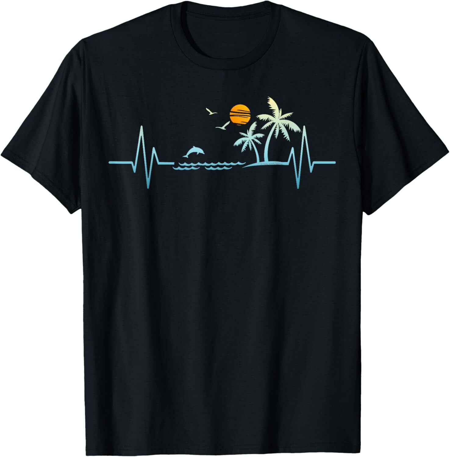 T shirt for Mens Heartbeat with Tropical Palm Trees Beach Island Sunset Graphic Tee Casual Tops Clothes Short sleeve cool